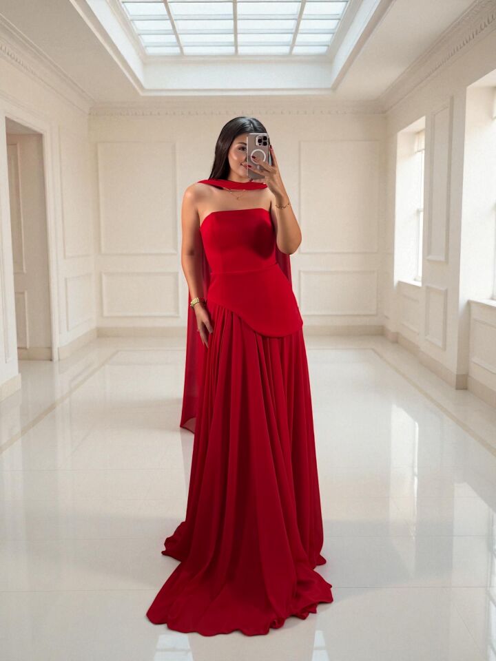 Oriva Korseli Şifon Fular Detaylı Kırmızı Abiye Elbise 36