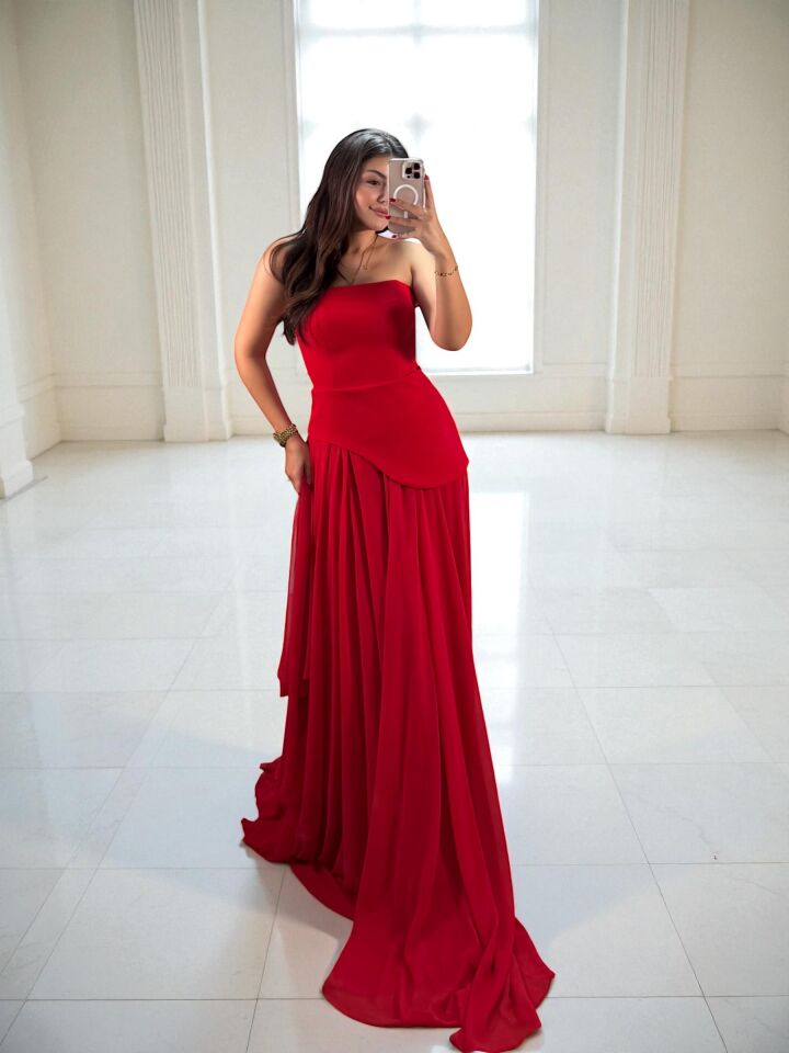 Oriva Korseli Şifon Fular Detaylı Kırmızı Abiye Elbise 36