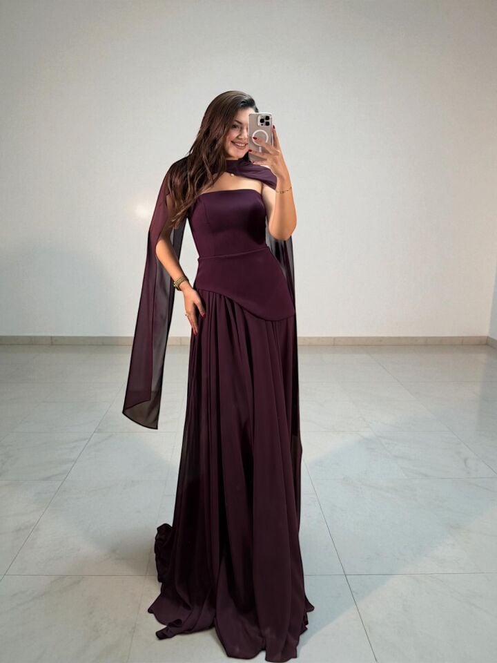 Oriva Korseli Şifon Fular Detaylı Mor Abiye Elbise 36