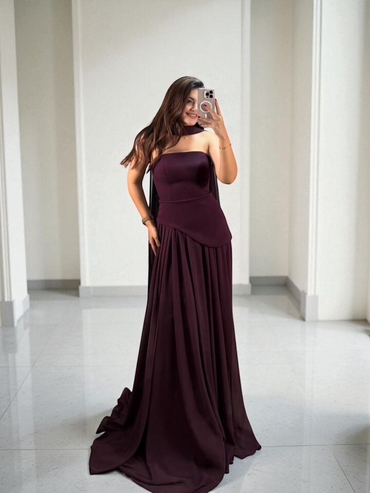 Oriva Korseli Şifon Fular Detaylı Mor Abiye Elbise 36