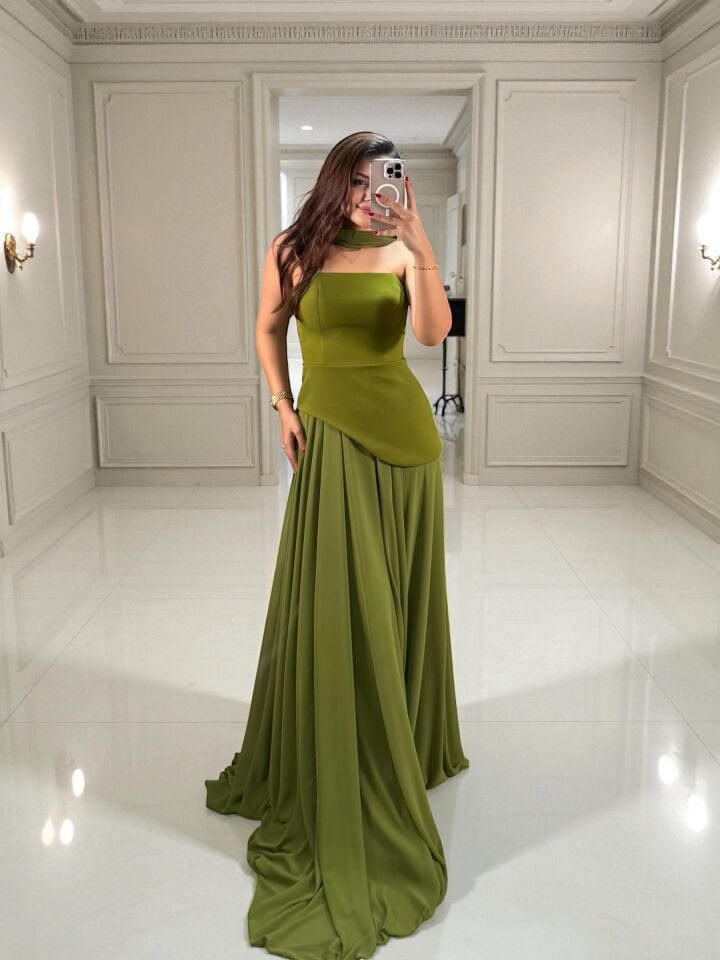 Oriva Korseli Şifon Fular Detaylı Yeşil  Abiye Elbise 42