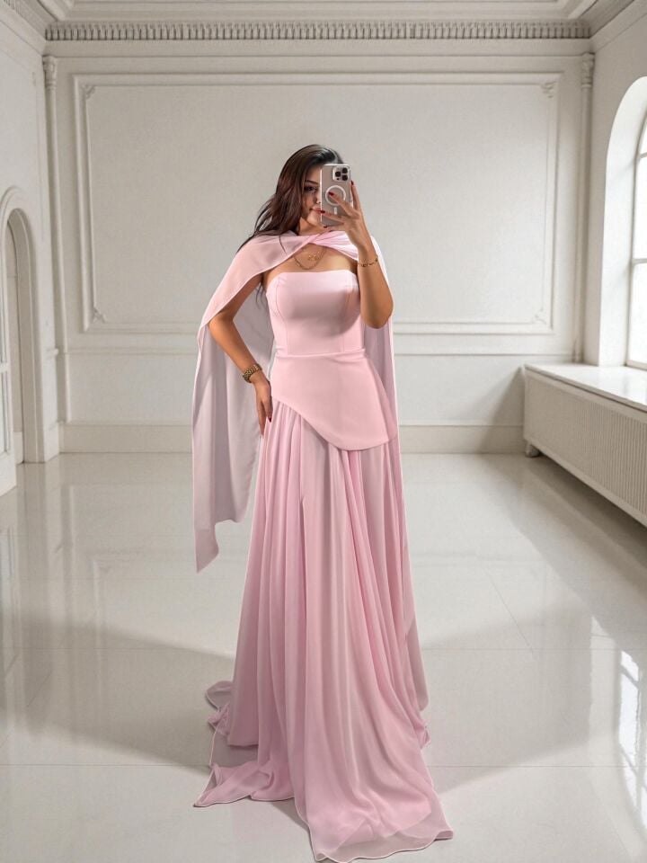 Oriva Korseli Şifon Fular Detaylı Pudra Pembe Abiye Elbise