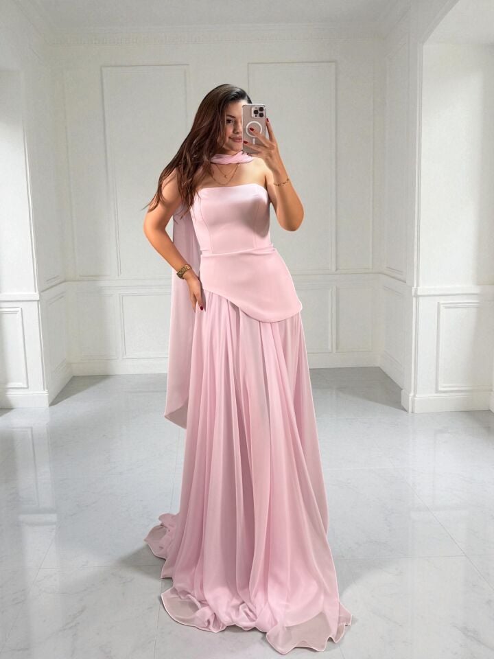 Oriva Korseli Şifon Fular Detaylı Pudra Pembe Abiye Elbise 38