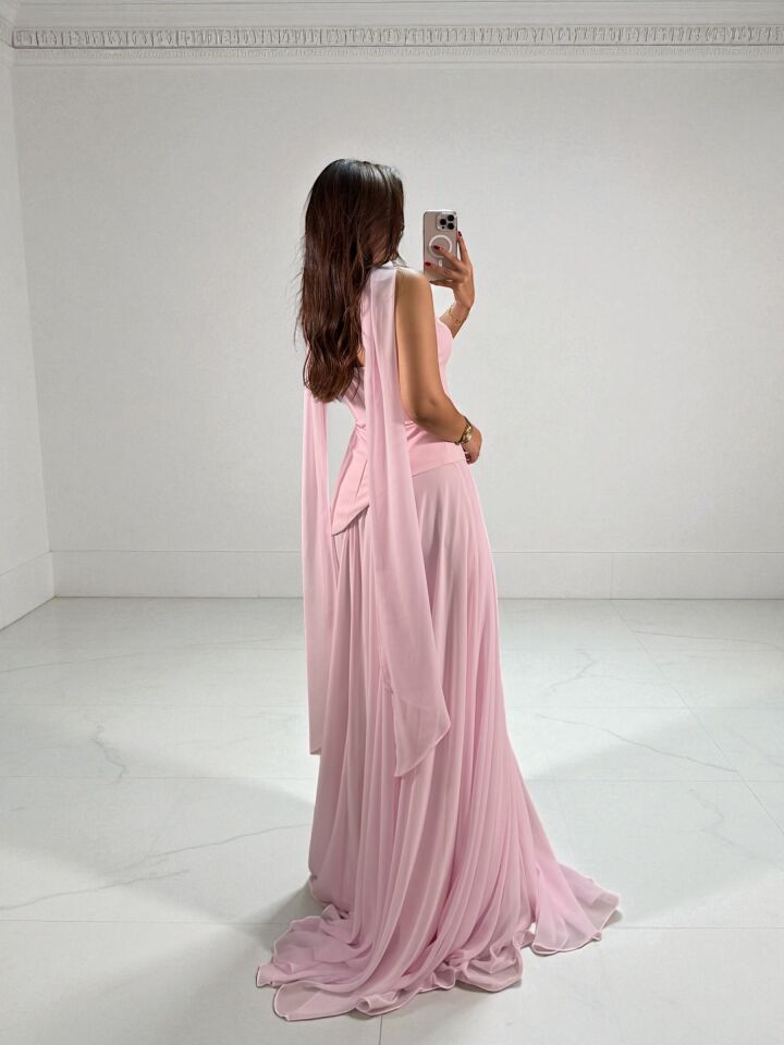 Oriva Korseli Şifon Fular Detaylı Pudra Pembe Abiye Elbise 42