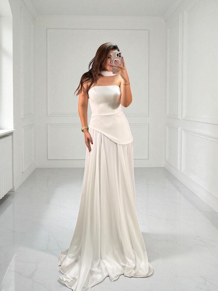 Oriva Korseli Şifon Fular Detaylı Beyaz Abiye Elbise 38