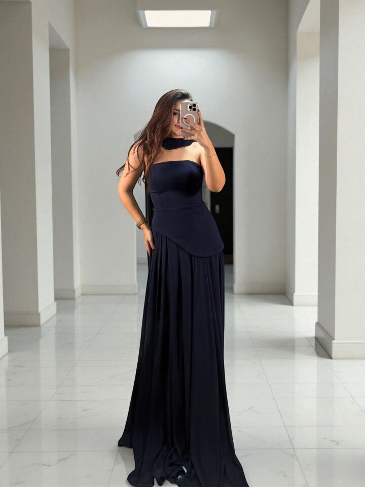 Oriva Korseli Şifon Fular Detaylı Lacivert Abiye Elbise