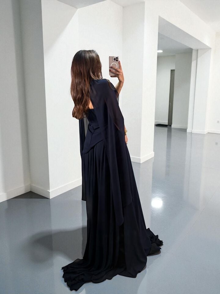 Oriva Korseli Şifon Fular Detaylı Lacivert Abiye Elbise 36