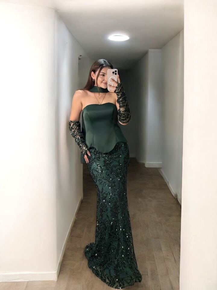 İrina Fular Ve Eldiven Detaylı Dantel Üzeri Payet İşlemeli Korseli Yeşil Abiye Elbise 38