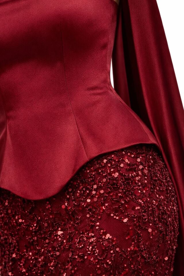 İrina Fular Ve Eldiven Detaylı Dantel Üzeri Payet İşlemeli Korseli Bordo Abiye Elbise 36