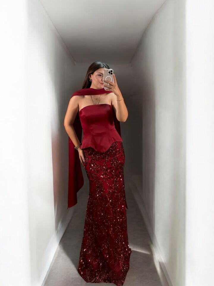 İrina Fular Ve Eldiven Detaylı Dantel Üzeri Payet İşlemeli Korseli Bordo Abiye Elbise 40
