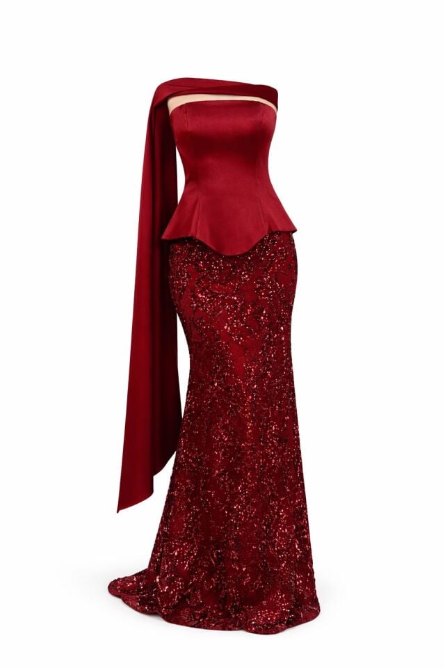 İrina Fular Ve Eldiven Detaylı Dantel Üzeri Payet İşlemeli Korseli Bordo Abiye Elbise