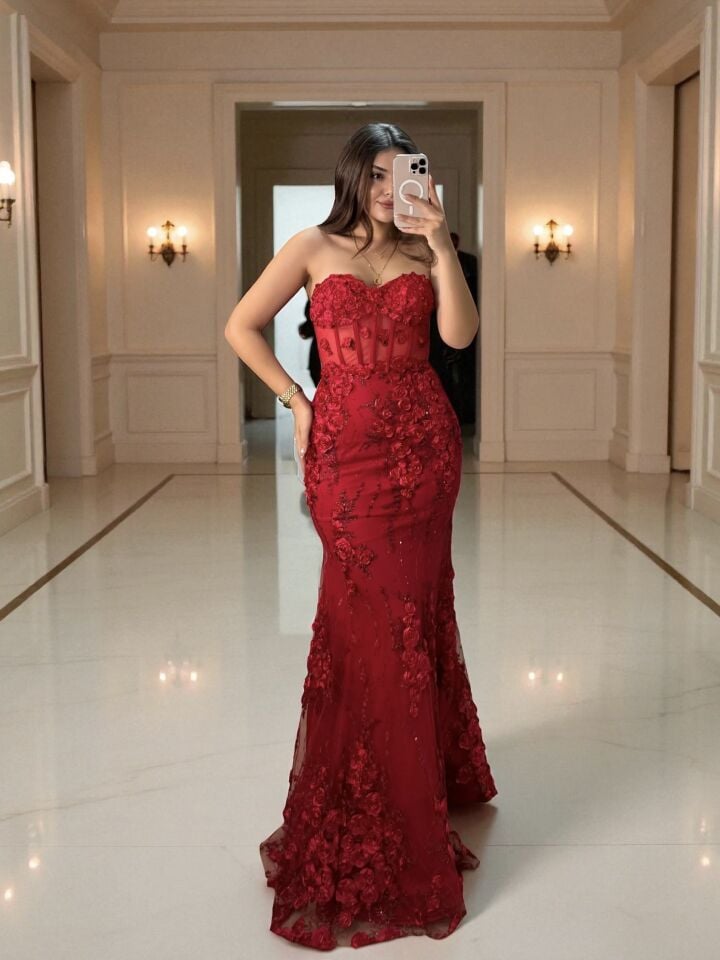 Flora Üç Boyutlu Çiçek İşlemeli Balık Kesim Kırmızı Abiye Elbise 42