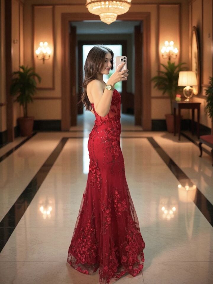 Flora Üç Boyutlu Çiçek İşlemeli Balık Kesim Kırmızı Abiye Elbise 36