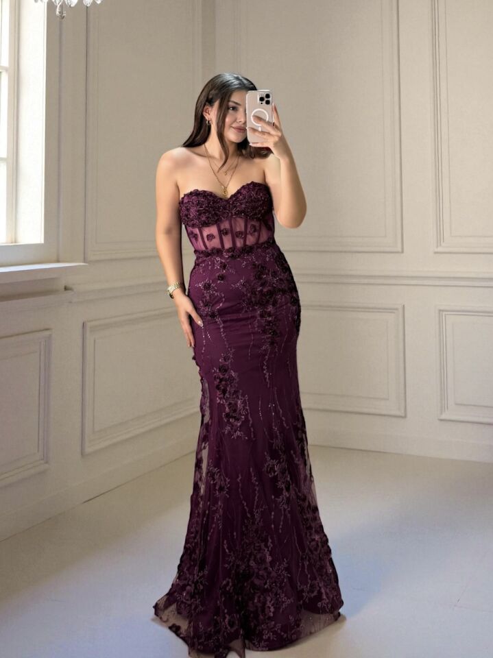 Flora Üç Boyutlu Çiçek İşlemeli Balık Kesim Mor Abiye Elbise 38