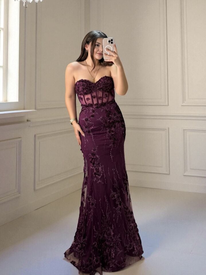 Flora Üç Boyutlu Çiçek İşlemeli Balık Kesim Mor Abiye Elbise 38