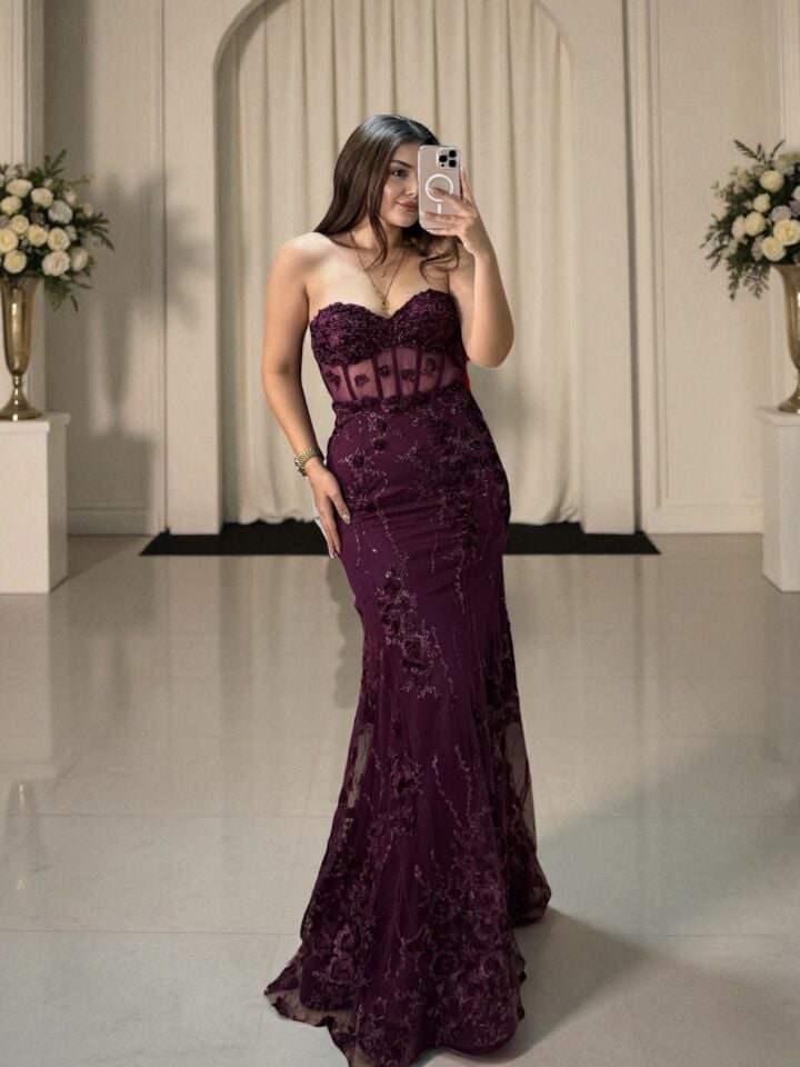 Flora Üç Boyutlu Çiçek İşlemeli Balık Kesim Mor Abiye Elbise 36