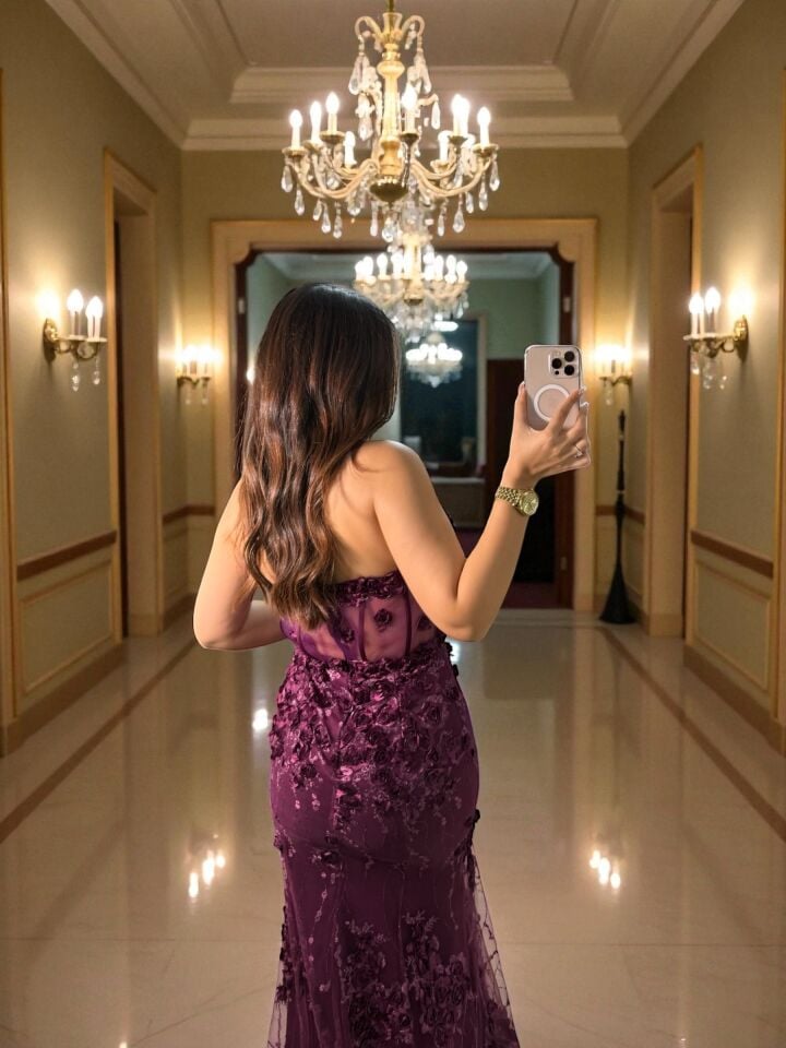 Flora Üç Boyutlu Çiçek İşlemeli Balık Kesim Mor Abiye Elbise