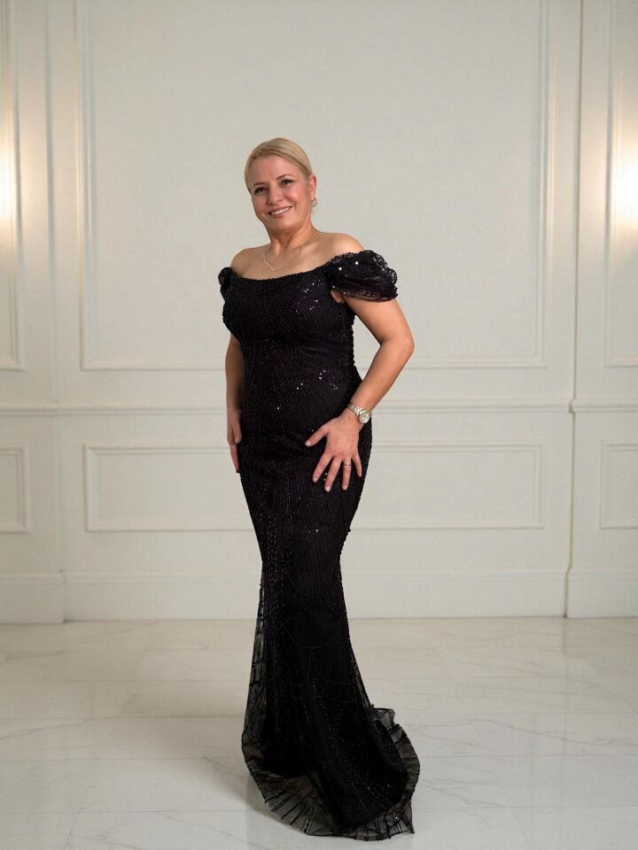 Modest Boncuk Ve Payet İşlemeli Prenses Kollu Siyah Rengi Abiye Elbise 50